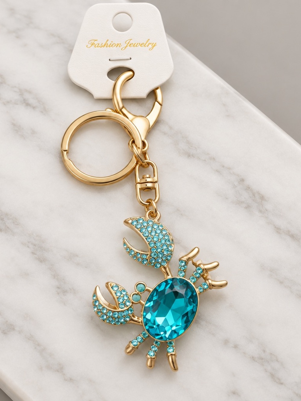 Fashion Jewelry Gold-Tone Blue Crystal Crab Keychain